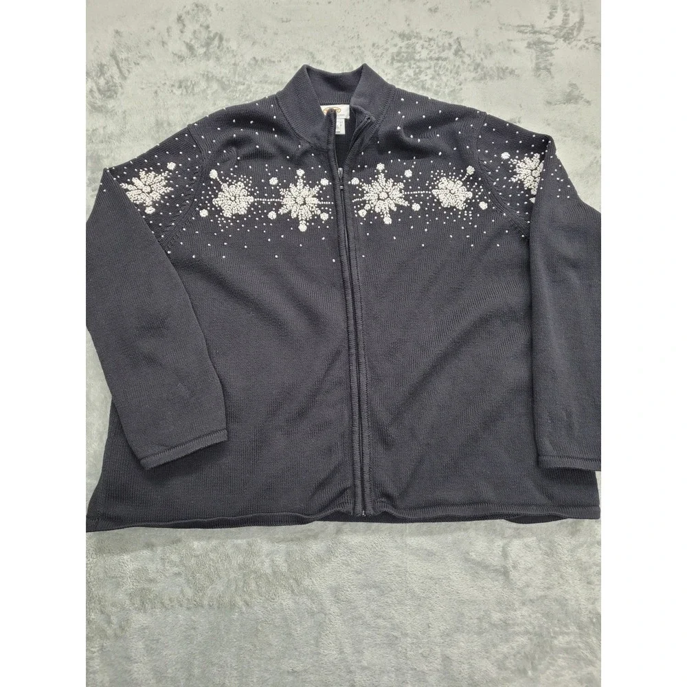 Talbots Cardigan Sweater Womens 2X Navy Blue Snowflake Full‎ Zip Cotton